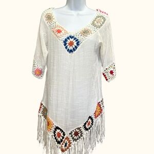 Resort Collection Boho Crochet Granny Square Fringe Cover Up Dress Size S